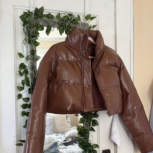 SHEIN Brown Puffer Jacket with High Collar and Cropped Length